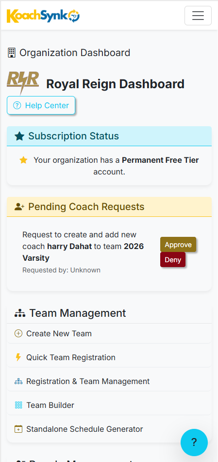 Organization dashboard on mobile